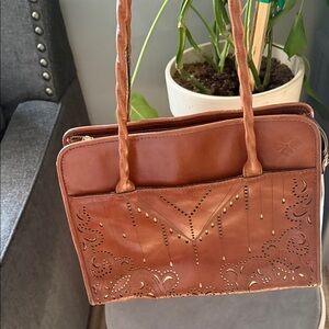 Patricia Nash Paris Leather Large Laser Cut Satchel Gold Boho